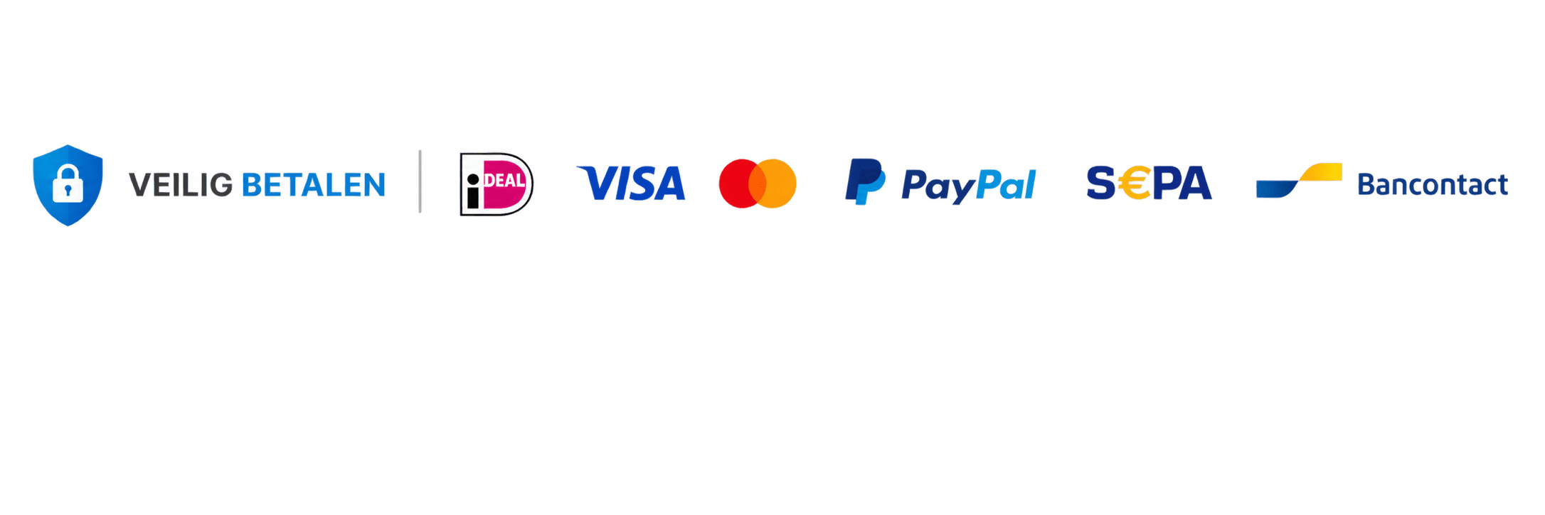 Secure payment options: iDEAL, Visa, Mastercard, PayPal, SEPA, and Bancontact