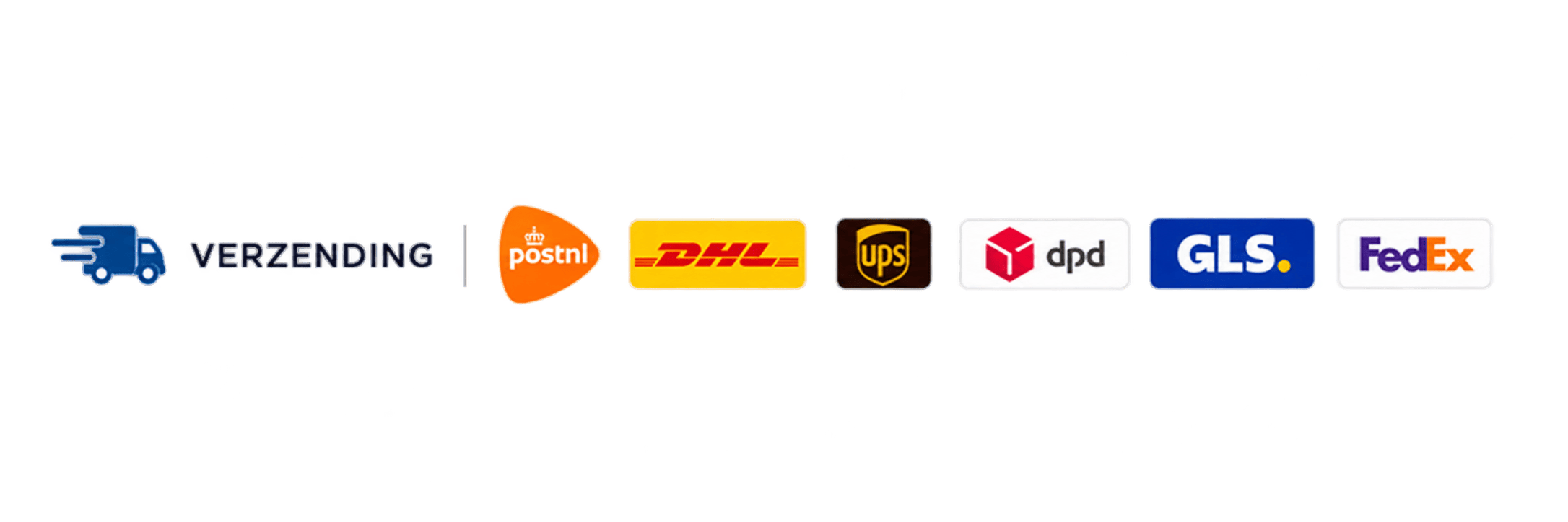 Verzending banner with a delivery truck and PostNL, DHL, UPS, DPD, GLS, and FedEx logos