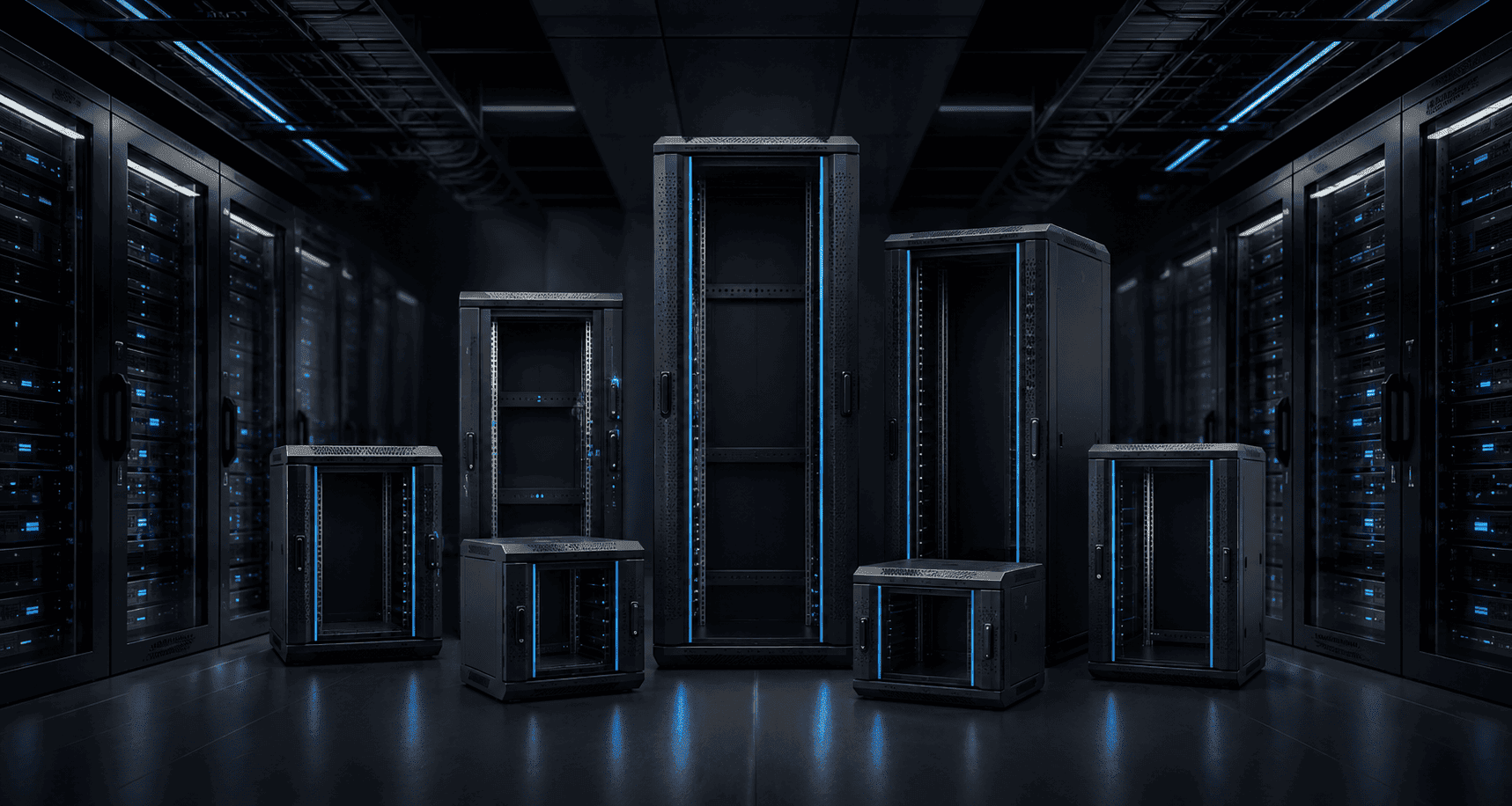 Server racks in a dark data center illuminated by blue accent lighting