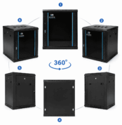 Zwarte 12U 19-inch wandkast met glazen deur, getoond vanuit zes hoeken