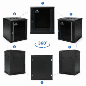 Zwarte 12U 19-inch wandkast met glazen deur, getoond vanuit zes hoeken