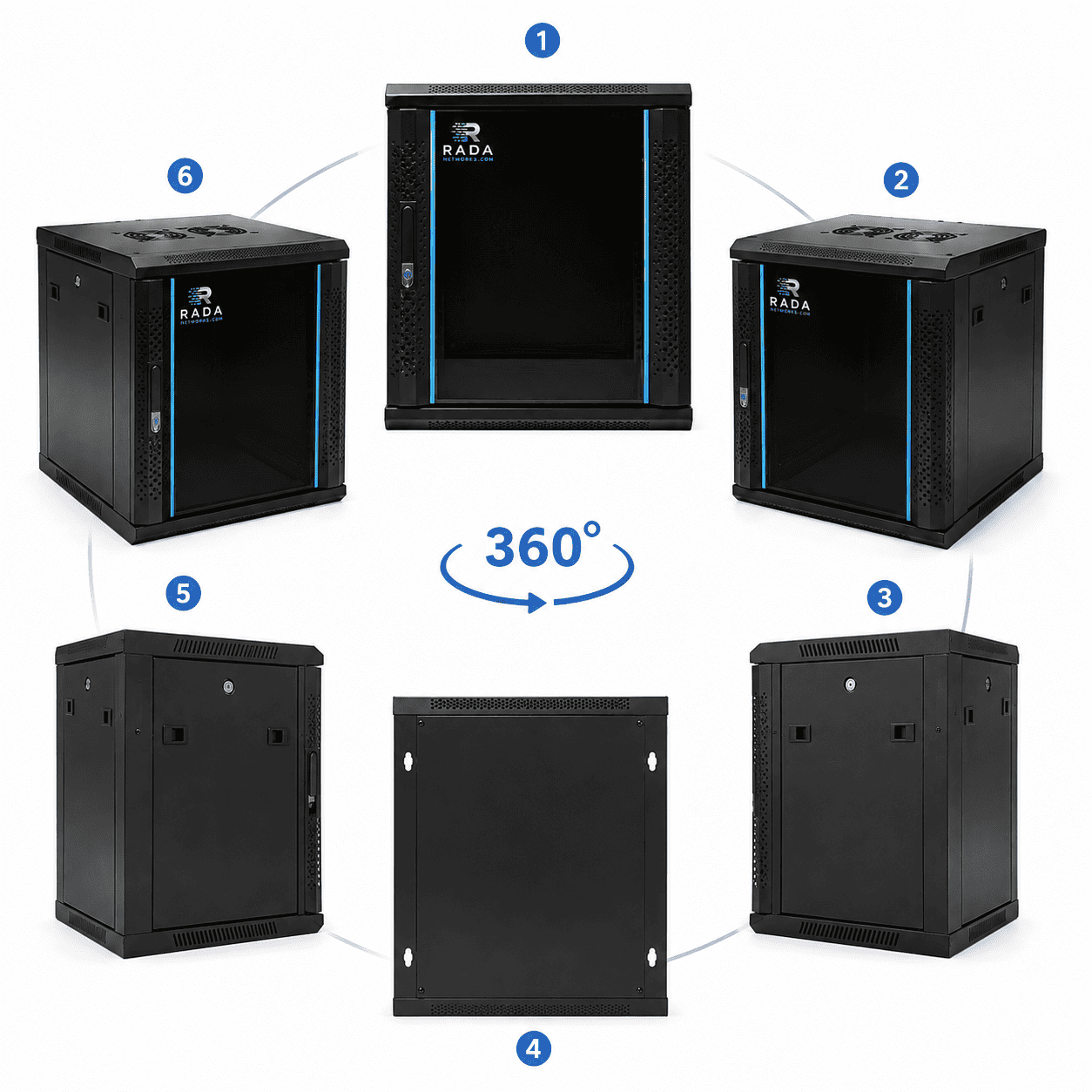 Zwarte 12U 19-inch wandkast met glazen deur, getoond vanuit zes hoeken