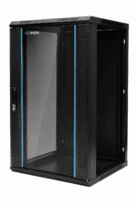 Black 12U wall-mounted 19-inch network cabinet with glass door and blue accent strips