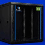Black 15U network server rack cabinet with open front and RADA Networks branding