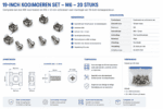 Infographic of a 19-inch M6 cage nut and screw set with dimensions, specifications, and packaging