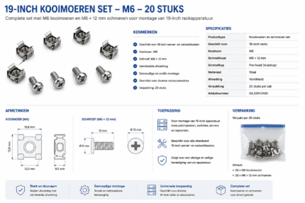 Infographic of a 19-inch M6 cage nut and screw set with dimensions, specifications, and packaging