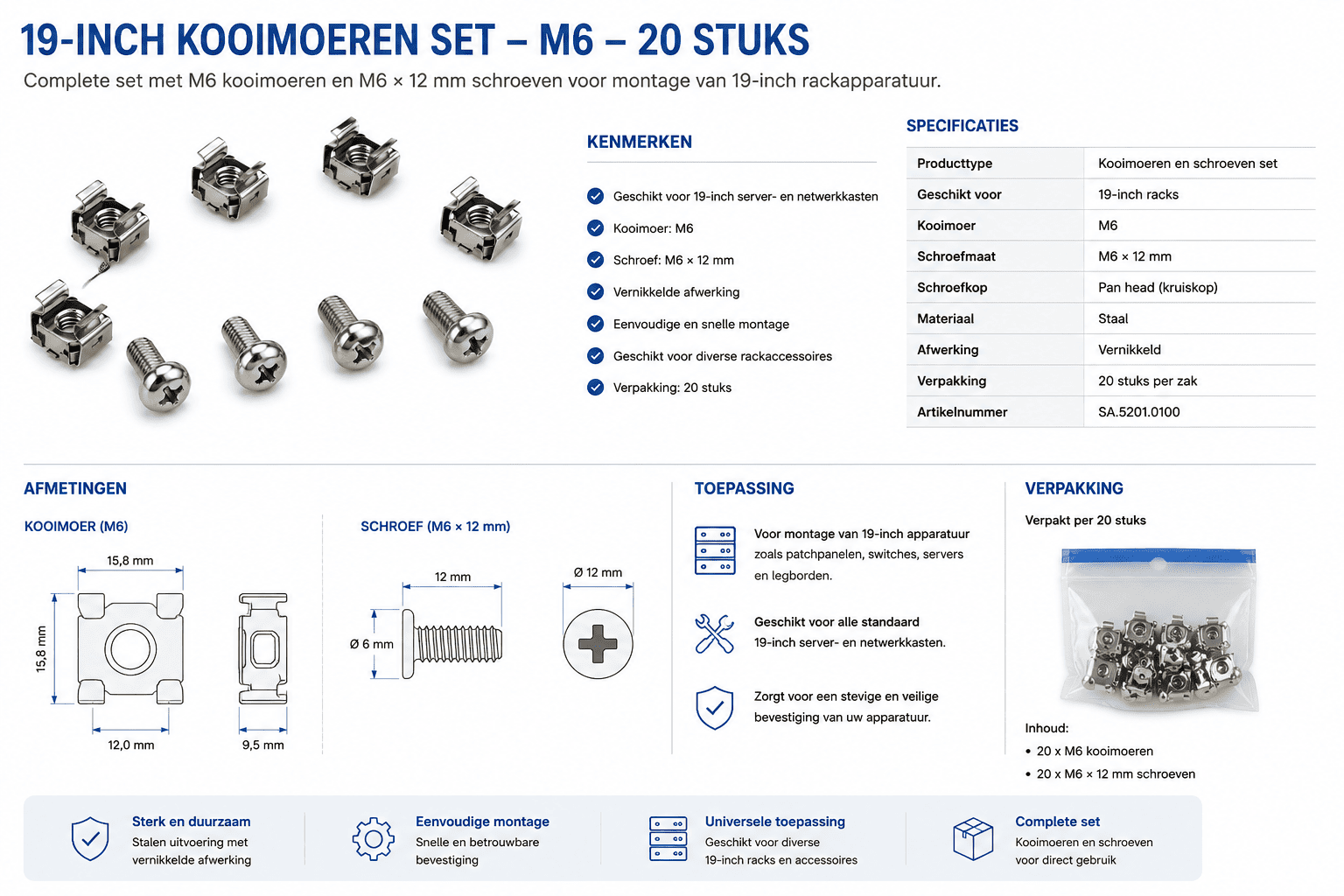 Infographic of a 19-inch M6 cage nut and screw set with dimensions, specifications, and packaging