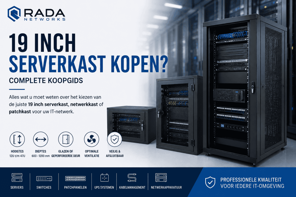 Promotionele afbeelding van RADA Networks met drie zwarte 19-inch serverkasten en een koopgids voor serverkasten.
