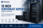 Promotionele afbeelding van RADA Networks met drie zwarte 19-inch serverkasten en een koopgids voor serverkasten.