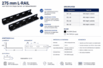 Technische productinfographic van een zwarte 275 mm L-rail voor 600 mm diepe server- en netwerkkasten