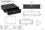 Afsluitbare 3U racklade voor 19-inch racks, 465 mm diep, met sleutel en technische maattekeningen