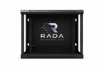 Open black 4U wall-mounted 19-inch network cabinet with rack rails and Rada Networks branding