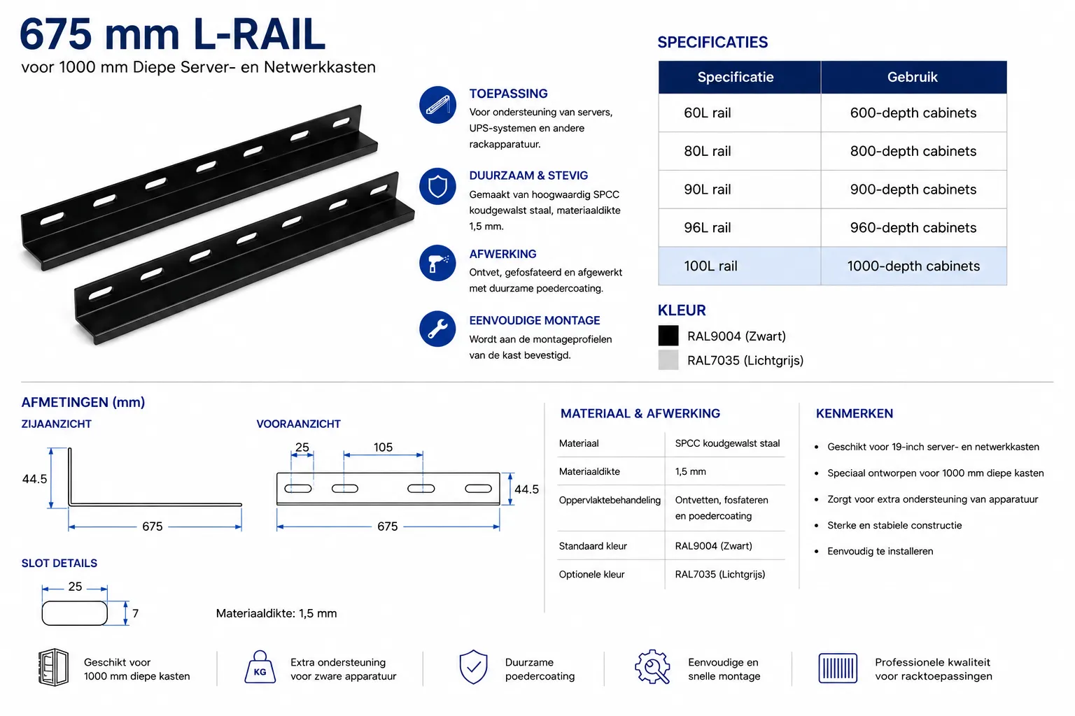 675 mm L-Rail voor 1000 mm Diepe Server- en Netwerkkasten