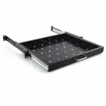 Uitschuifbaar 19-inch 1U legbord met geperforeerd oppervlak, handgreep en telescopische rails