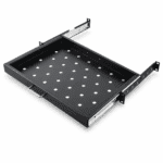Uitschuifbaar zwart 19-inch legbord met geperforeerd oppervlak en telescopische rails