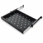 Uitschuifbaar zwart 19-inch legbord met geperforeerd oppervlak en telescopische rails