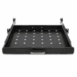 Uitschuifbaar zwart 19-inch legbord met geperforeerd oppervlak en handgreep