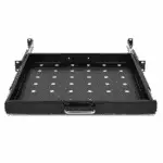 Uitschuifbaar zwart 19-inch legbord met geperforeerd oppervlak en handgreep