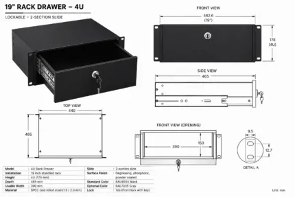 19-inch Afsluitbare Racklade – 4U – 465 mm diep
