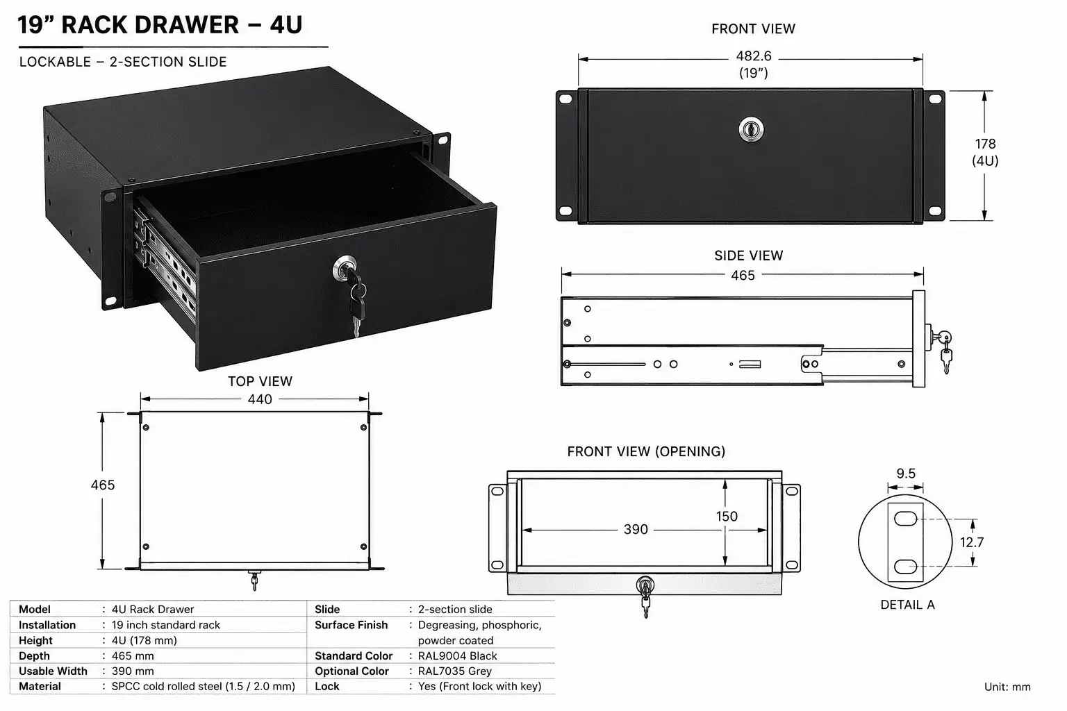 19-inch Afsluitbare Racklade – 4U – 465 mm diep