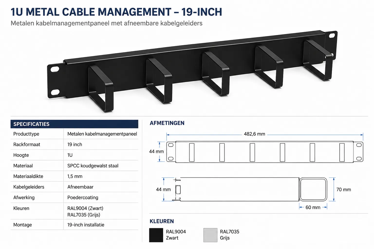 **1U Metalen Kabelmanagementpaneel – 19-inch**