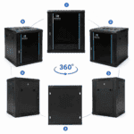 Zwarte 12U 19-inch wandkast met glazen deur, getoond vanuit zes hoeken