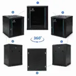 Zwarte 12U 19-inch wandkast met glazen deur, getoond vanuit zes hoeken