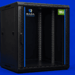 Black 18U network server rack cabinet with an open front, perforated panels, and blue trim