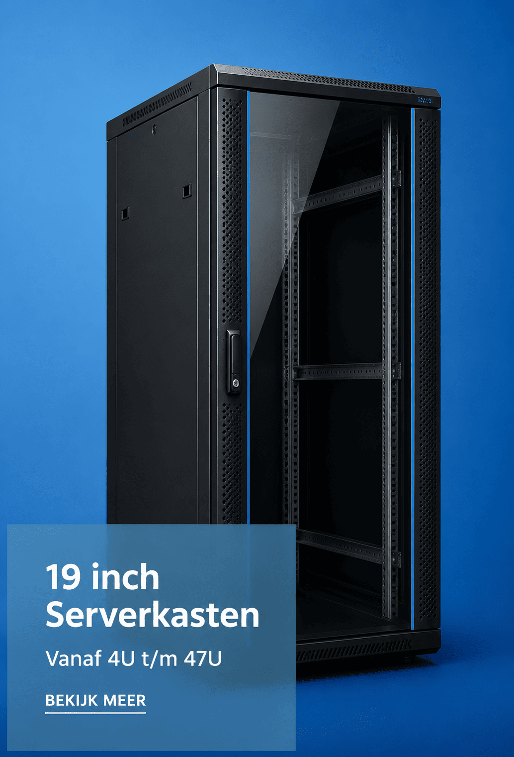 Black 19-inch server cabinet with an open front door against a blue background