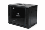 Black 4U wall-mounted 19-inch network cabinet with glass front door, ventilation panels, and side panel