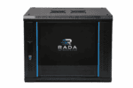 Black 4U wall-mounted network cabinet with glass door, ventilation panels, lock, and blue trim