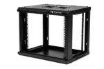 Black 4U wall-mounted 19-inch network rack cabinet with an open front and ventilated panels