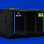 Black 6U network server rack enclosure with open front bays against a blue background