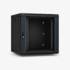 Black wall-mounted network rack cabinet with mesh front door, lock, and blue trim