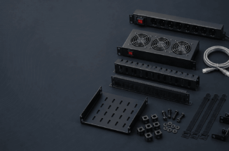 Black rack-mount equipment and hardware components arranged with a power strip, cooling panel, cable, shelf, and mounting bra