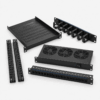 Black rack-mount accessories including a vented shelf, cable manager, cooling fan panel, patch panel, and rails