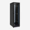 Black server rack cabinet with a glass front door, blue vertical accents, and adjustable feet