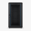 Black floor-standing server rack cabinet with a glass front door and blue trim