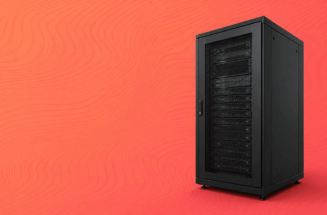 Black server rack cabinet against a coral red abstract background