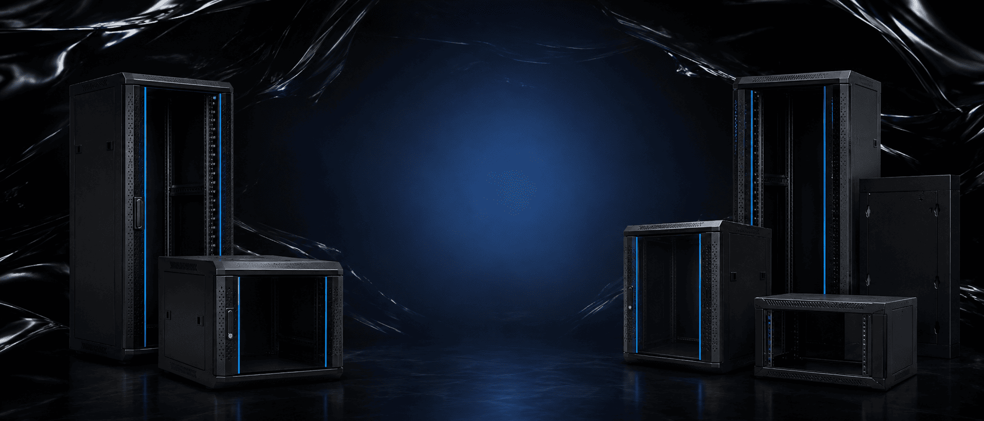 Black server racks and cabinets with blue accents on a dark reflective background