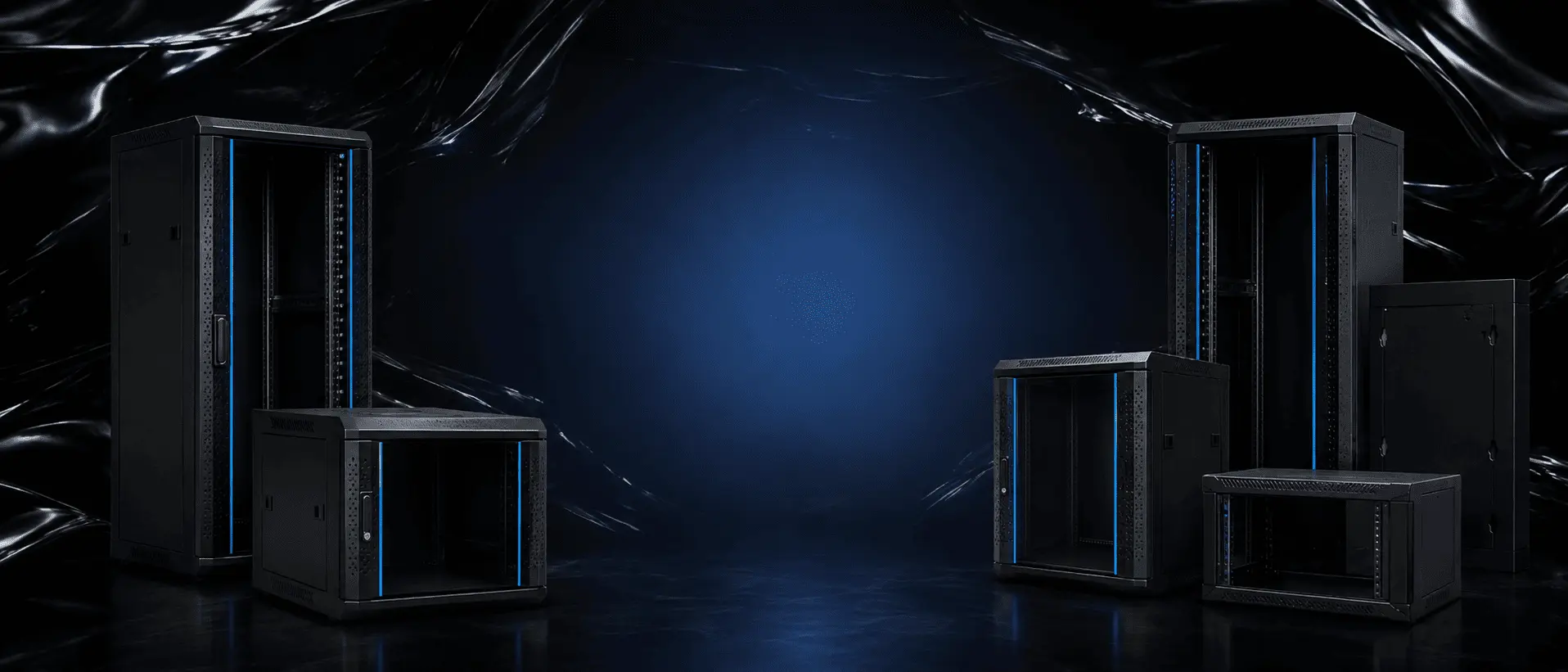 Black server racks and cabinets with blue accents on a dark reflective background