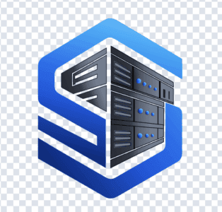 Blue server rack icon inside a geometric blue hexagon