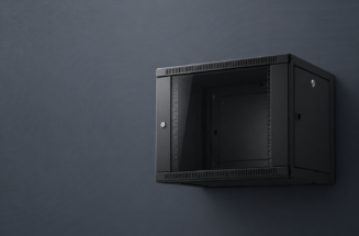 Empty black wall-mounted network rack cabinet with an open glass door