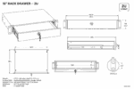 Technical drawing of a lockable 19-inch 2U rack drawer with multiple views and dimensions