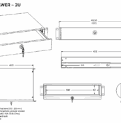 Technical drawing of a lockable 19-inch 2U rack drawer with multiple views and dimensions