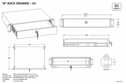 Technical drawing of a lockable 19-inch 2U rack drawer with multiple views and dimensions
