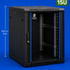 RADA Networks 15U serverkast en patch kast in zwart, met open rackruimte en geperforeerde panelen — serverkast, patch kast