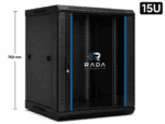 RADA Networks 15U serverkast en patch kast met glazen deur, zwart en 769 mm hoog — serverkast, patch kast