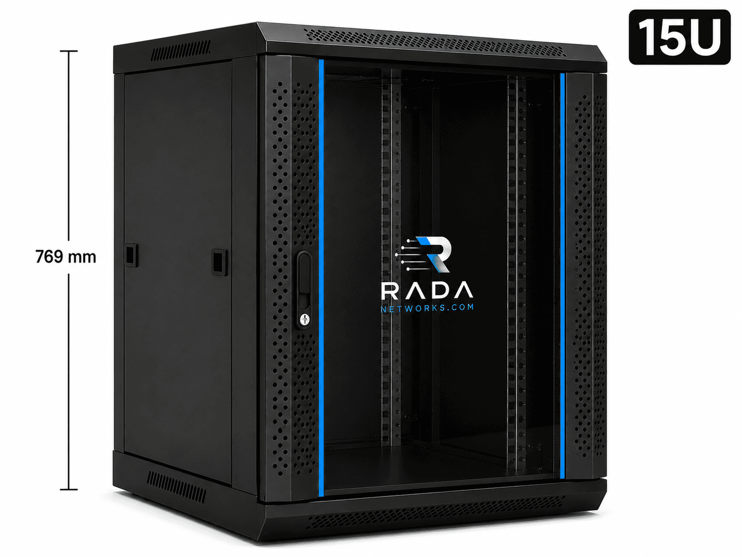 RADA Networks 15U serverkast en patch kast met glazen deur, zwart en 769 mm hoog — serverkast, patch kast