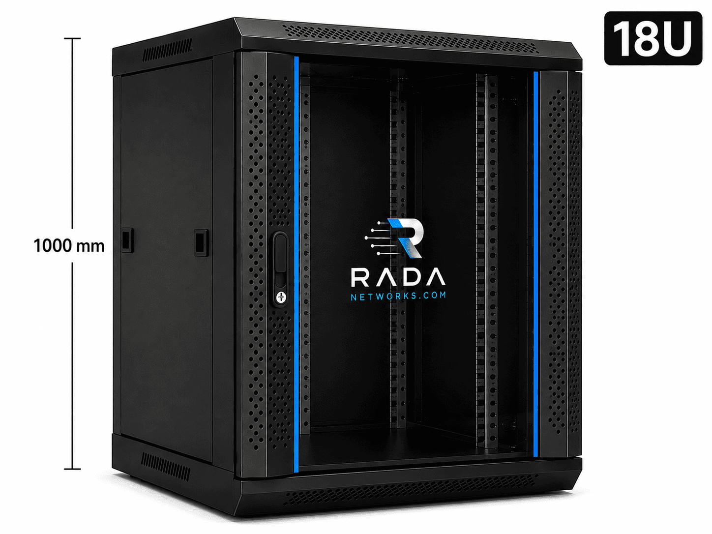 RADA Networks 18U serverkast en patch kast met glazen deur, zwart en 1000 mm hoog — serverkast, patch kast